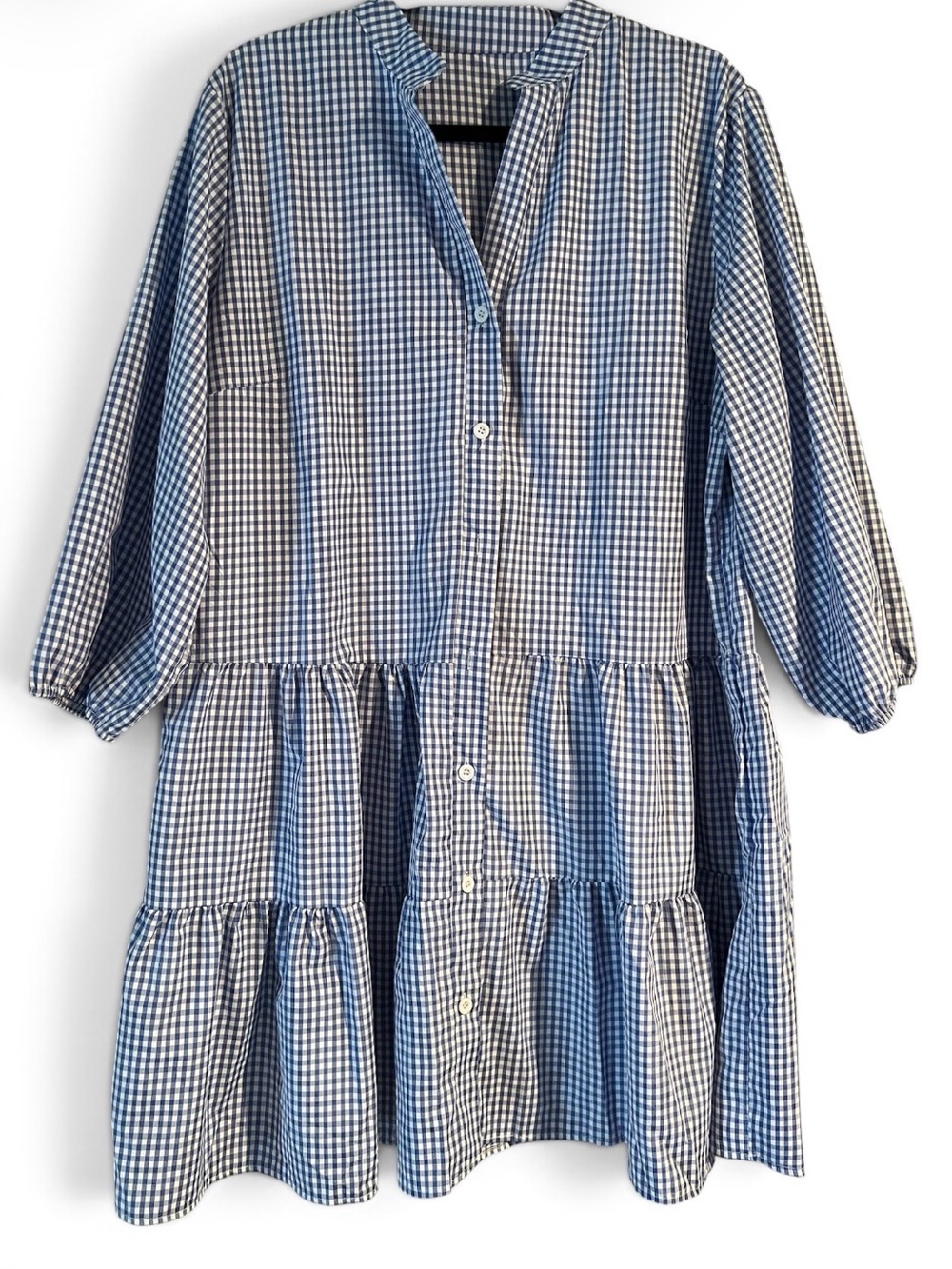 Blue and White Gingham Tiered Button Dress - Picture 1 of 5